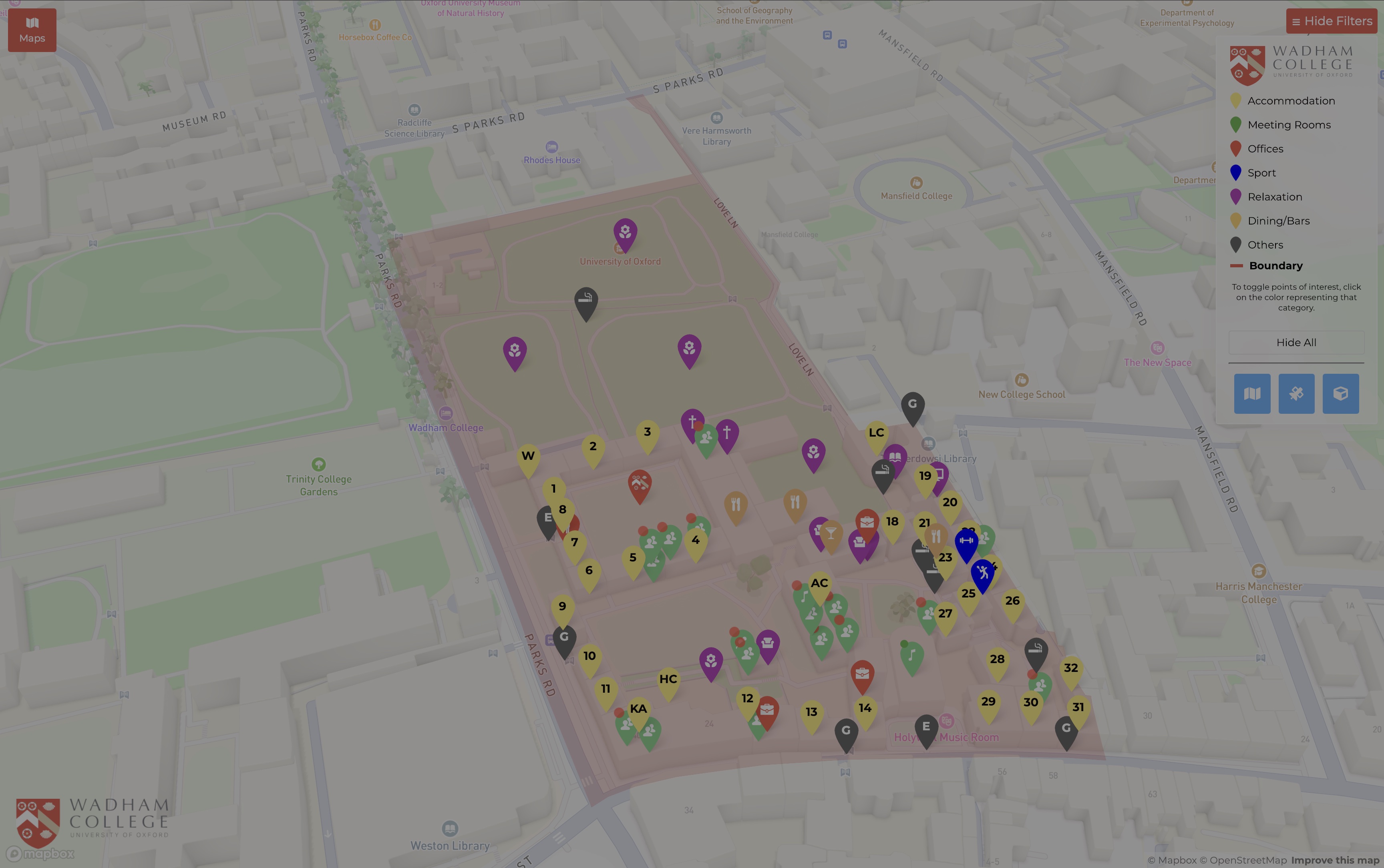Kampusové systémy Wadham College — mapa, knihovna a digitální podpora